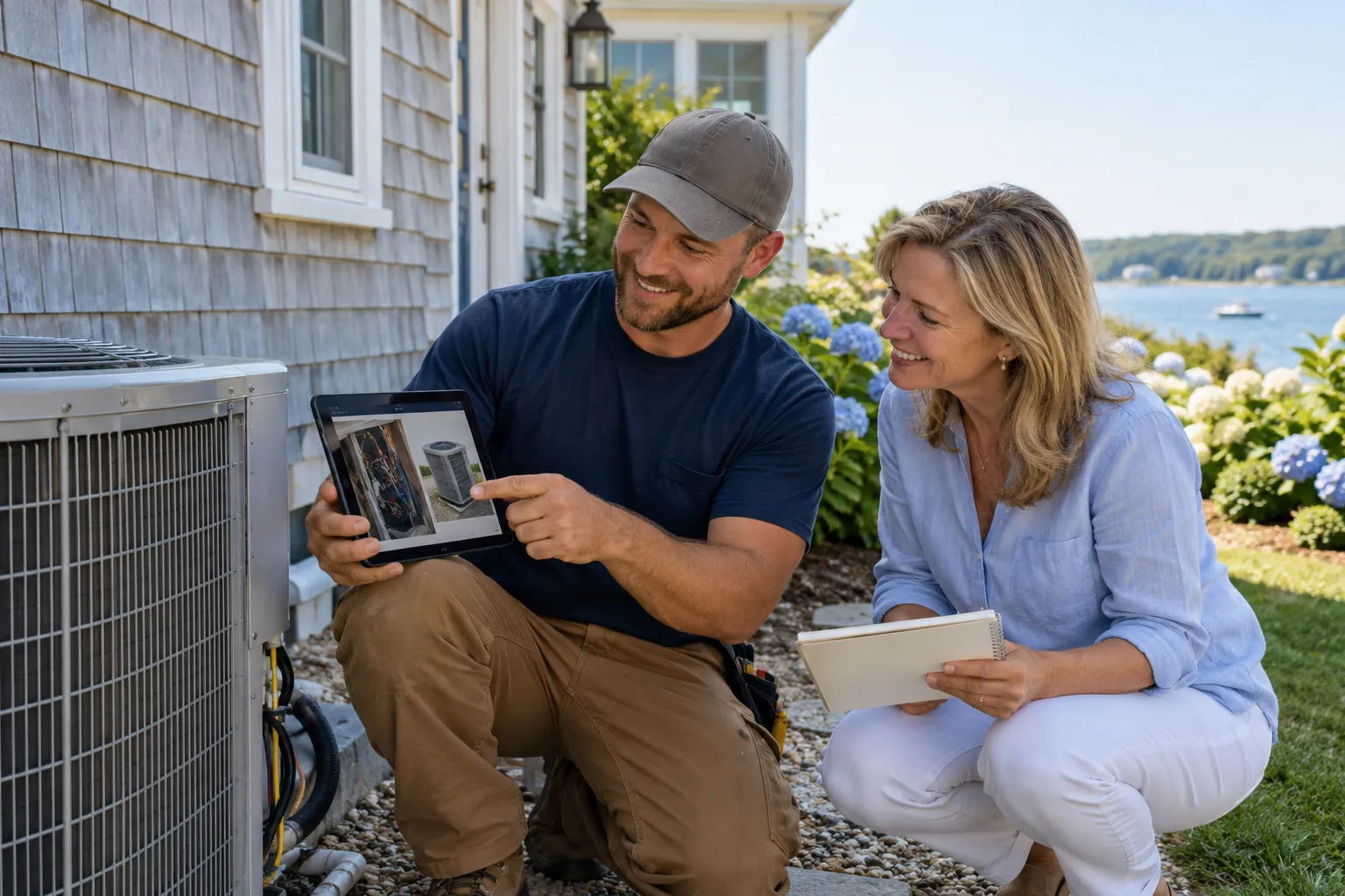 Friendly HVAC provider showing a homeowner the outdoor AC unit at a West Leechburg home