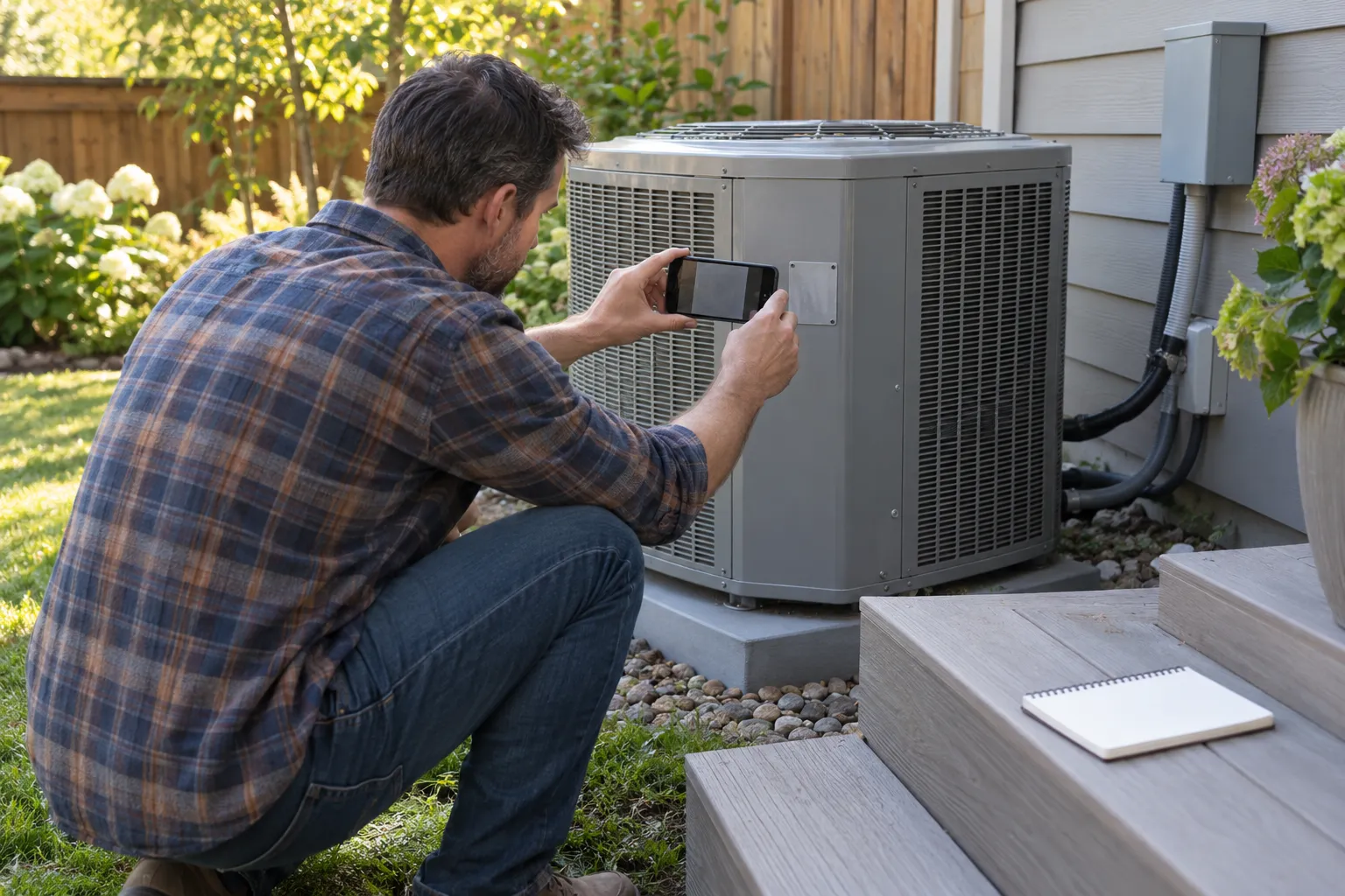 Homeowner taking photos of an AC unit data label to prepare for an estimate
