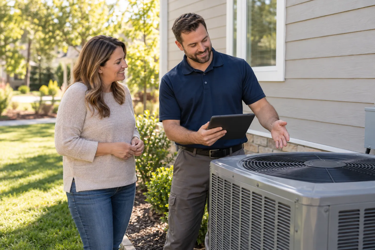 A homeowner in West Leechburg checking a thermostat while a friendly HVAC provider looks at an outdoor AC unit